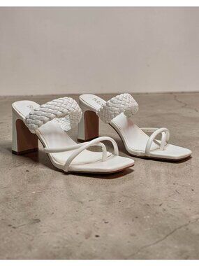Braided Strap Block Heel Sandals In White With Square Toe And Strappy Design